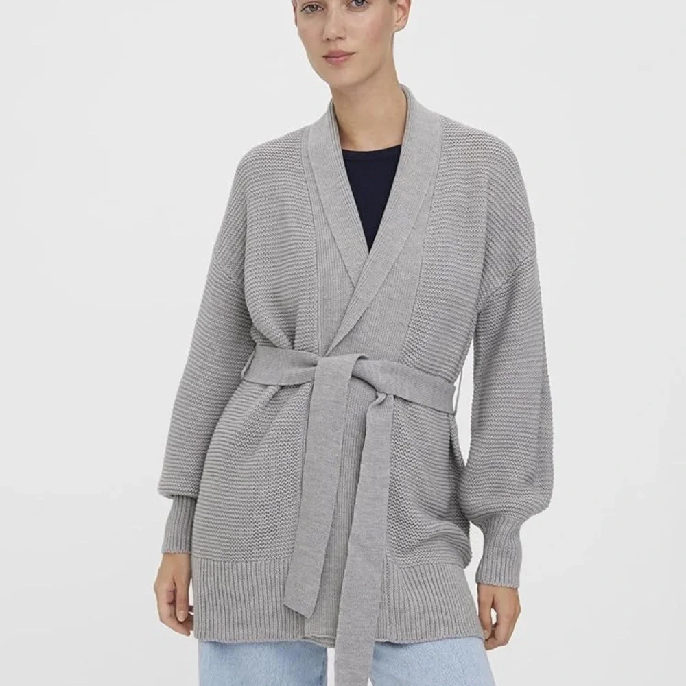 Vero Moda Light Gray VMNONAME Long Knit Tie Waist Shawl Neck Cardigan Sweater
